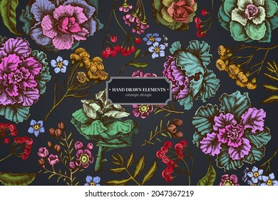 Floral design on dark background with wax flower, forget me not flower, tansy, ardisia, brassica, decorative cabbage