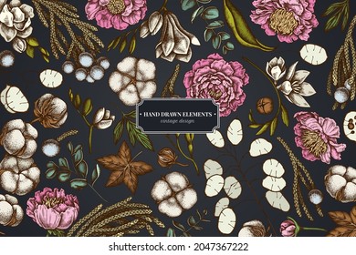 Floral design on dark background with ficus, eucalyptus, peony, cotton, freesia, brunia