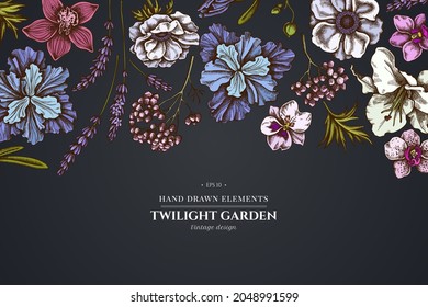 Floral design on dark background with anemone, lavender, rosemary everlasting, phalaenopsis, lily, iris