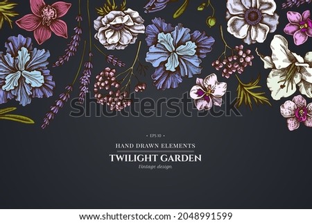 Floral design on dark background with anemone, lavender, rosemary everlasting, phalaenopsis, lily, iris