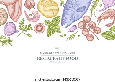 Floral design with pastel garlic, cherry tomatoes, peas, fish, shrimp, cabbage, beef, buns and bread, croissants and bread, basil, rosemary