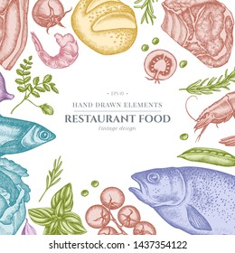 Floral design with pastel garlic, cherry tomatoes, peas, fish, shrimp, cabbage, beef, buns and bread, croissants and bread, basil, rosemary