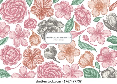 Floral design with pastel hibiscus, plum flowers, peach flowers, sakura flowers, magnolia flowers, camellia japonica