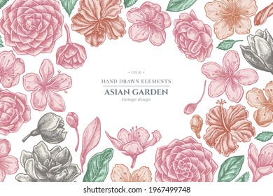 Floral design with pastel hibiscus, plum flowers, peach flowers, sakura flowers, magnolia flowers, camellia japonica