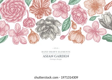 Floral design with pastel hibiscus, plum flowers, peach flowers, sakura flowers, magnolia flowers, camellia japonica