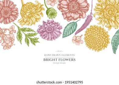 Floral design with pastel poppy flower, gerbera, sunflower, milkweed, dahlia, veronica