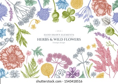 Floral design with pastel shepherd's purse, heather, fern, wild garlic, clover, globethistle, gentiana, astilbe, craspedia, lagurus, black caraway, chamomile, dandelion, poppy flower, lily of the