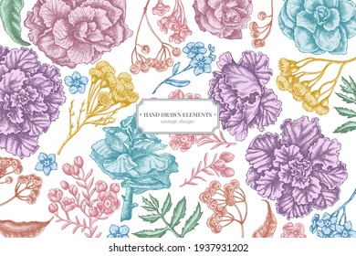 Floral design with pastel wax flower, forget me not flower, tansy, ardisia, brassica, decorative cabbage