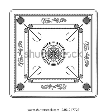 Floral design pattern Carrom board black and white line art isolated on white background in vector illustration