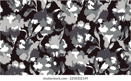 Blumenmuster aus Silhouetten von Nelken und Camouflage-Monochrom-Design, Stoffdruck perfekt für Stoffe und Dekoration