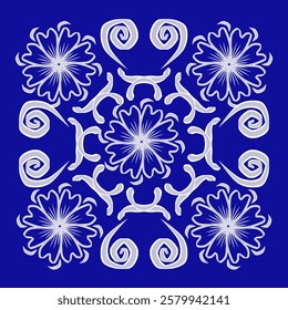 Floral Design Pattern Made Up Of White Lace Against  Blue Background.  Can be used as a pattern for cushion, fabric, curtain, carpet, wallpaper, tile, laminate, table cloth etc.