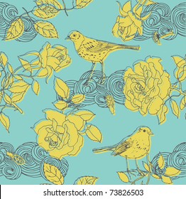 floral design pattern with roses and birds