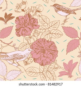 floral design pattern with roses and birds