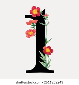 Floral design with red flowers intertwined around a bold black letter 'I'. The flowers and letter create a striking contrast, highlighting the floral theme. Vintage font isolated vector.