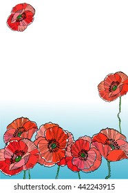 floral design with red poppies . hand drawing style