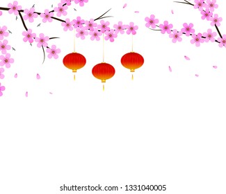 Floral design with sakura flowers and hanging red lantern. Japanese style concept on white isolated background. Behind the tree branches birds fly.