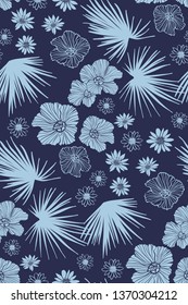 Floral design seamless background pattern . Palm leaves, hibiscus flowers. Vector illustration hand drawn.