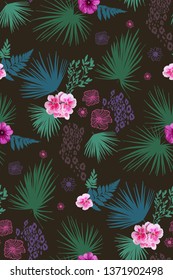 Floral design seamless background pattern . Palm leaves,  mix flowers. Vector illustration hand drawn.