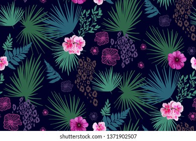 Floral design seamless background pattern . Palm leaves,  mix flowers. Vector illustration hand drawn.