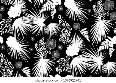 Floral design seamless background pattern . Palm leaves, mix flowers. Vector illustration hand drawn.