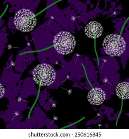 Floral design. Seamless pattern with fluffy dandelion and blots.