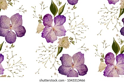 Floral design seamless pattern on white background. Purple orchids with wild flowers, leaves  and plant hand drawn. Vector illustration for textile, wrapping, fabric prints, scrapbooking.