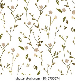 Floral design seamless pattern on white background. Summer wild flowers, leaves  and plant hand drawn on white background. Vector illustration for textile, wrapping, fabric prints, scrapbooking.
