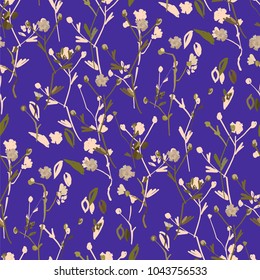 Floral design seamless pattern on violet background. Summer wild flowers, leaves  and plant hand drawn. Vector illustration for textile, wrapping, fabric prints, scrapbooking.