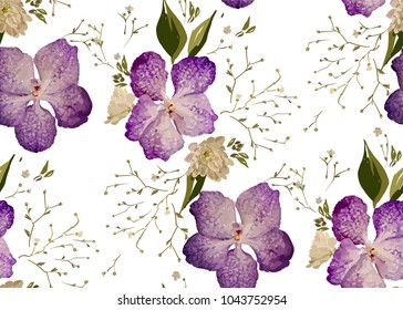 Floral design seamless pattern. Purple orchids with wild flowers, leaves  and plant hand drawn. Vector illustration for textile, wrapping, fabric prints, scrapbooking.