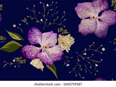 Floral design seamless pattern. Purple orchids with wild flowers, leaves  and plant hand drawn. Vector illustration for textile, wrapping, fabric prints, scrapbook and cosmetics products.