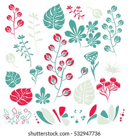 Floral design set in cute color, botanical plants silhouette and simple geometric shapes. Flowers, leaves, stems concept illustrations for trendy design.