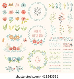 Floral design set. Vector collection with spring and summer elements, flowers, wreaths, branches, frames, butterflies, pattern brushes. Good for  birthday cards, wedding invitations and scrapbook.