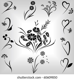 Floral design sets with flowers with hearts.