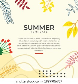Floral design for social media post or stories templates with leaves and waves universal creative organic boho design. Foliage line art bohemian style leaves, blob and line art. Organic background