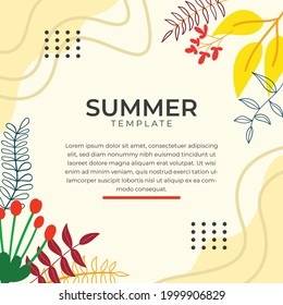 Floral design for social media post or stories templates with leaves and waves universal creative organic boho design. Foliage line art bohemian style leaves, blob and line art. Organic background