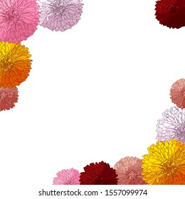 Floral design, square frame in asters and chrysanthemums. Vector template for cards and invitations. objects are not cropped. Flowers are hand-drawn and isolated.