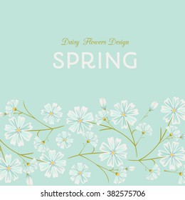 Floral design template. Daisy flowers on blue background. Vector illustration element.