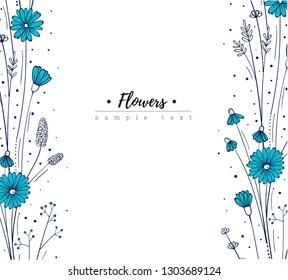 Floral design template. Doodle wildflowers. Blue flower frame
