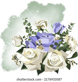 Floral design template with purple and ivoty roses, jasmine, eucalyptus on watercolor styled background