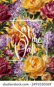 Plantilla de diseño floral para invitación de boda, tarjeta de felicitación, cubierta de cuaderno, volante o Anuncio. Ilustración vectorial Antiguas con peonía floreciente, iris y lilas sobre un fondo cambiante.