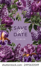 Floral design template for wedding invitation, greeting card, notebook cover, flyer or banner. Vintage vector illustration with purple blooming peony, iris and lilac flowers on a changeable background