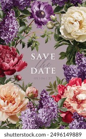 Floral design template for wedding invitation, greeting card, notebook cover, flyer or banner. Vintage vector illustration with blooming peony, anemone and lilac flowers on a changeable background.