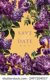 Floral design template for wedding invitation, greeting card, notebook cover, flyer or banner. Vintage vector illustration with purple blooming peony, iris and lilac flowers on a changeable background