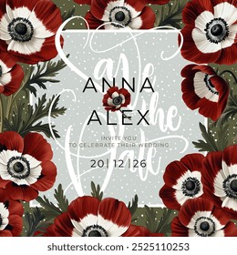 Floral design template for wedding invitation, greeting card, notebook cover, flyer or gift certificate. Vintage vector illustration with winter anemone flowers and changeable background.