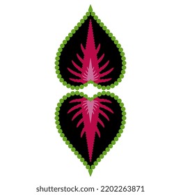 Floral design with two stylized leaves of Coleus scutellarioides plant. Double botanical heart shape.