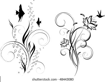 floral design. Underwater ornament. Floral pattern. Birds and fish