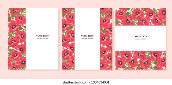 Floral design of vector border frame on white background and place for text. Red poppy flowers with berries. Set of templates for invitation cards, weddings, banners, brochure cover design. Vector.