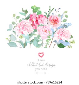 Floral design vector border in watercolor style. Rose, hydrangea, eucalyptus. Pink wedding flowers. Botanical greenery set. Bouquets of garden spring flowers. All elements are isolated and editable. 