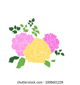 Floral design, vector illustration hand drawn. Pink garden roses flowers, elegant bouquet isolated on white background.
