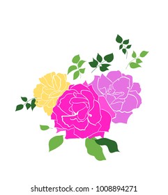 Floral design, vector illustration hand drawn. Pink garden roses flowers, elegant bouquet isolated on white background.